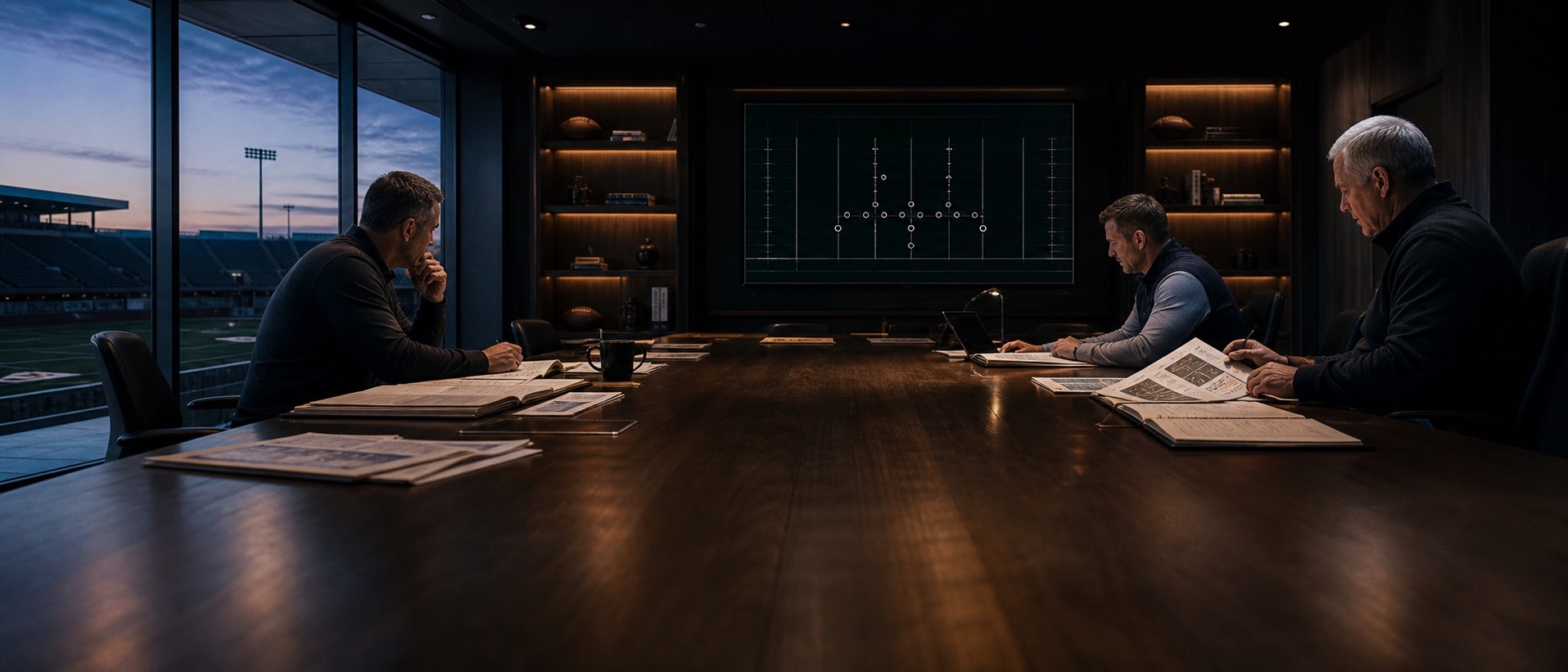 Coaches reading reports around a long table beside a stadium at dusk