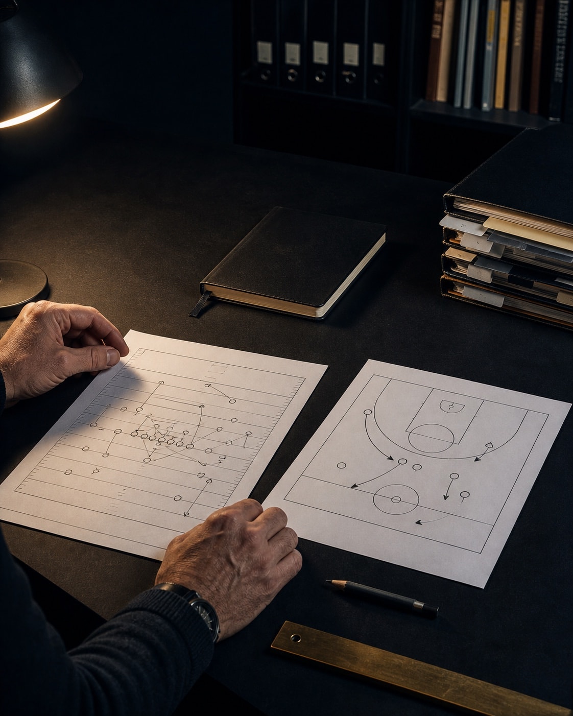 An analyst reviewing separate football and basketball plans in a sports operations archive