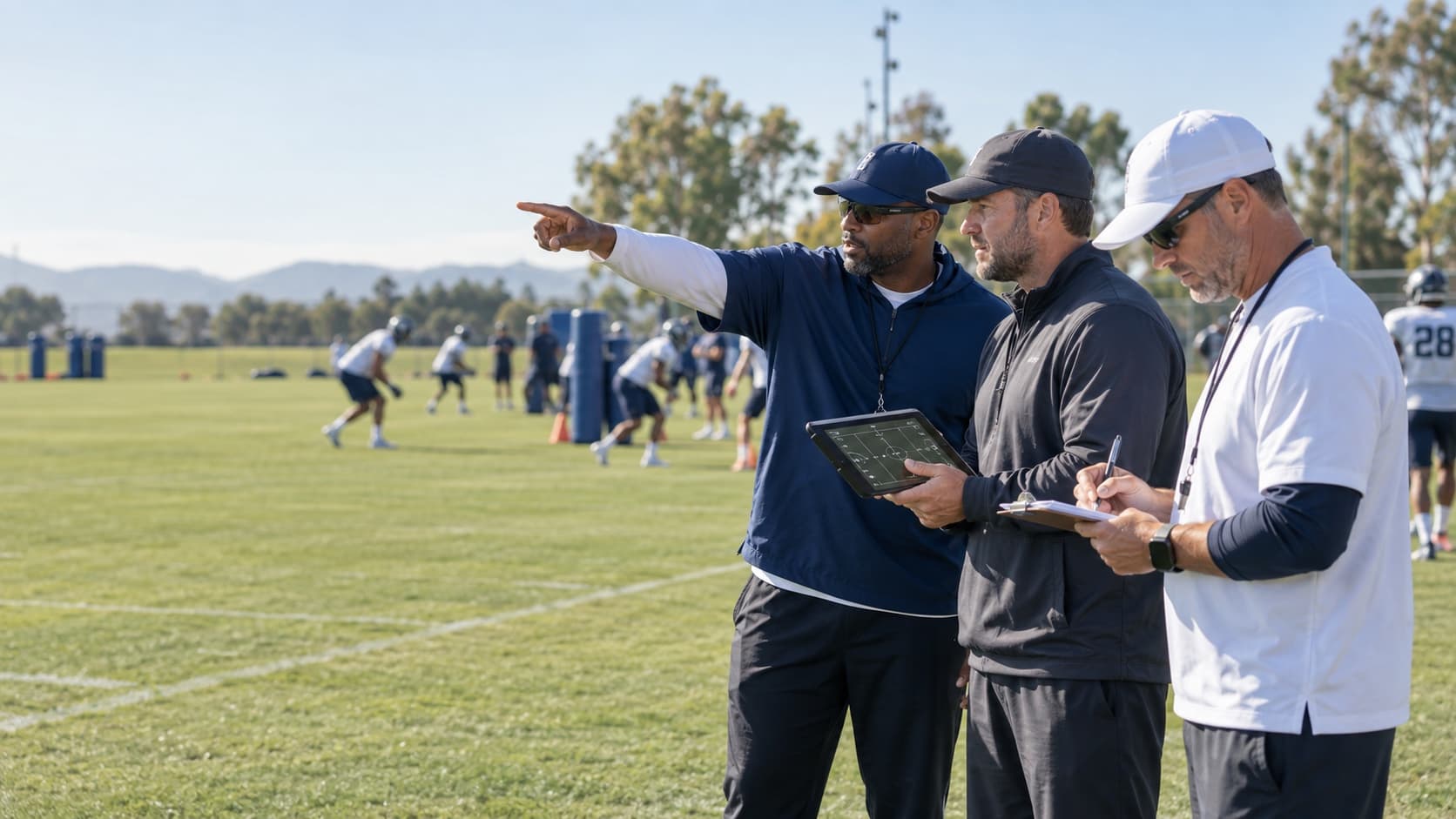 Coaches evaluating a daytime football practice from the sideline