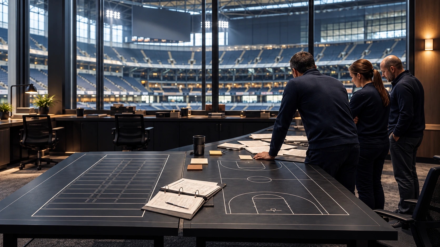 Coaching staff comparing tactical records beside a daylight sports arena