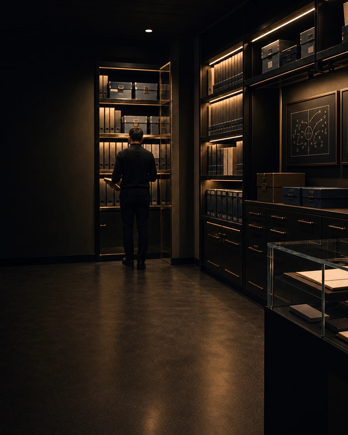 A researcher reviewing coaching records in a sports archive