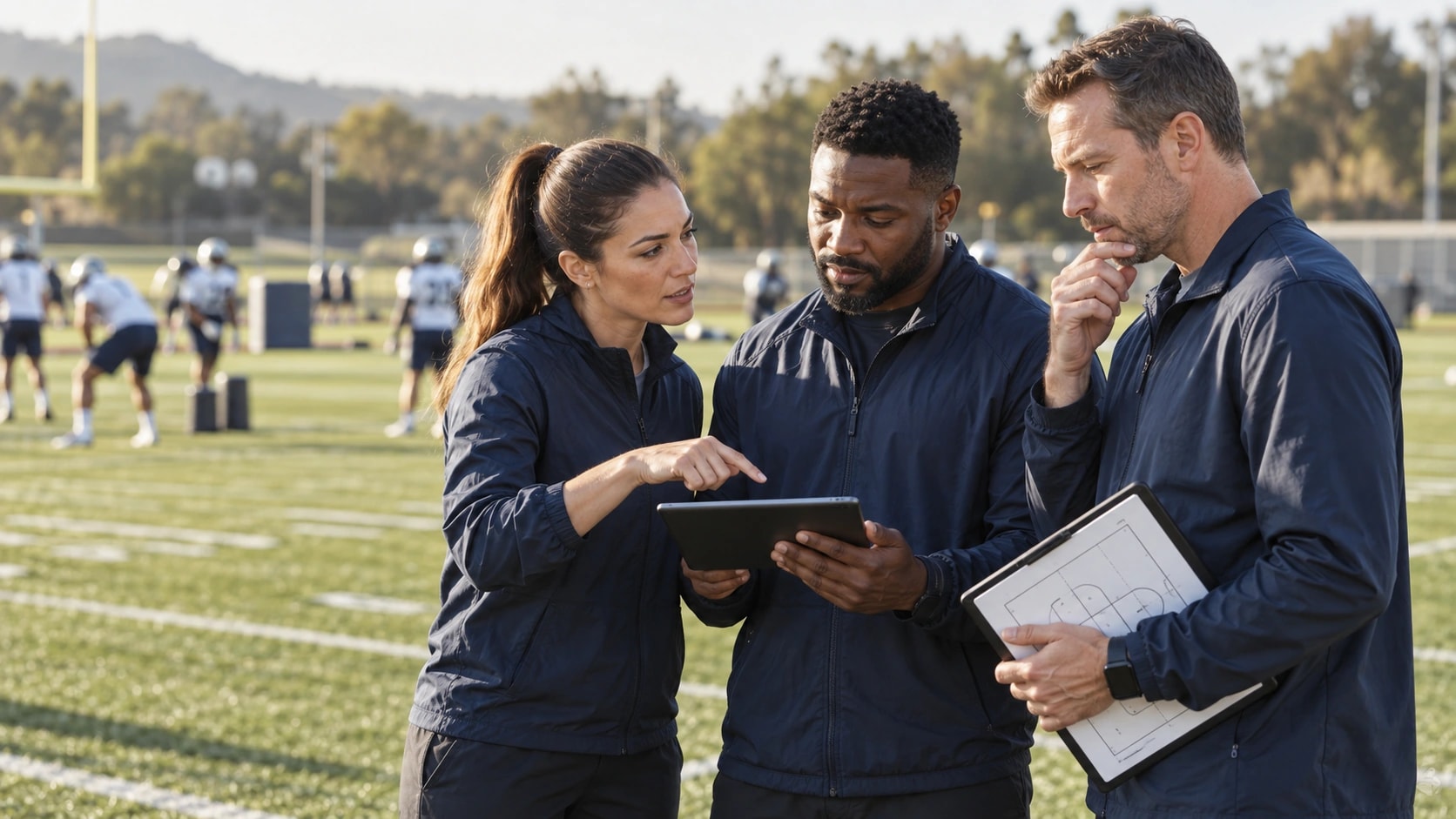 Coaching staff evaluating practice together using a tablet and field notes