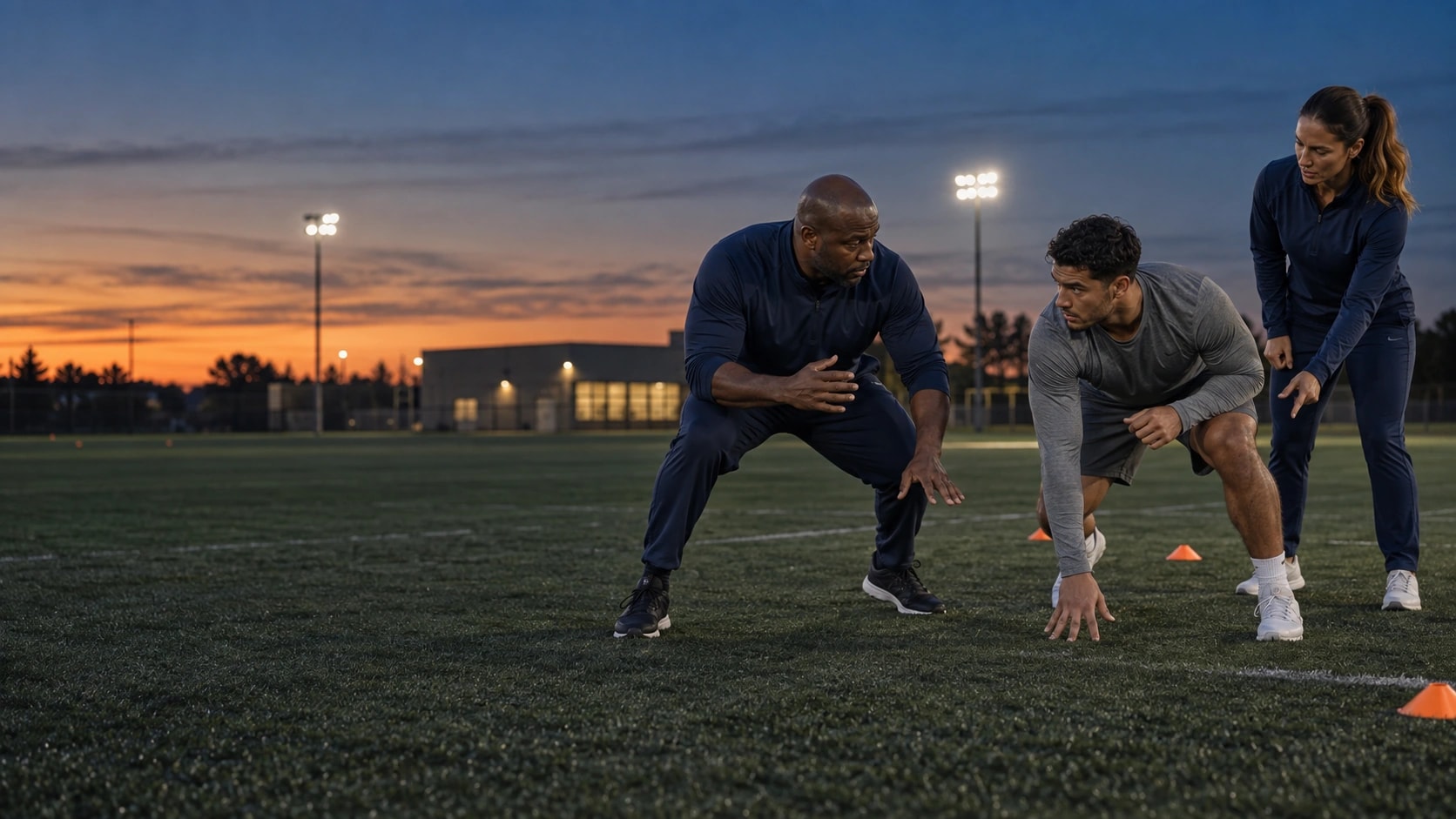 Coaches guiding an athlete through an on-field footwork drill at dusk